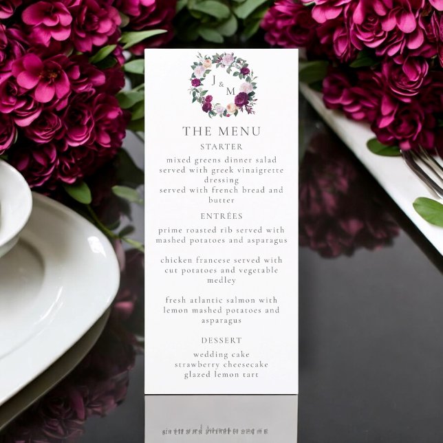 Elegante tarjeta de menú burdeos floral moderna de (burgundy florals wedding menu card )