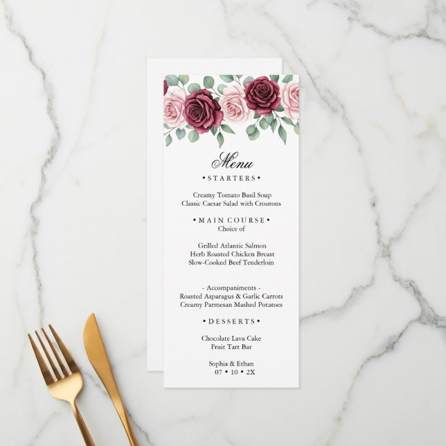 Elegante Tarjeta de Menú de Boda Botánico con Rosa (Anverso/Reverso In Situ)
