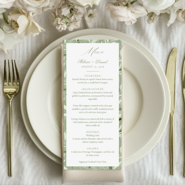 Elegante Tarjeta de Menú de Boda Botánico Verde Sa (Subido por el creador)