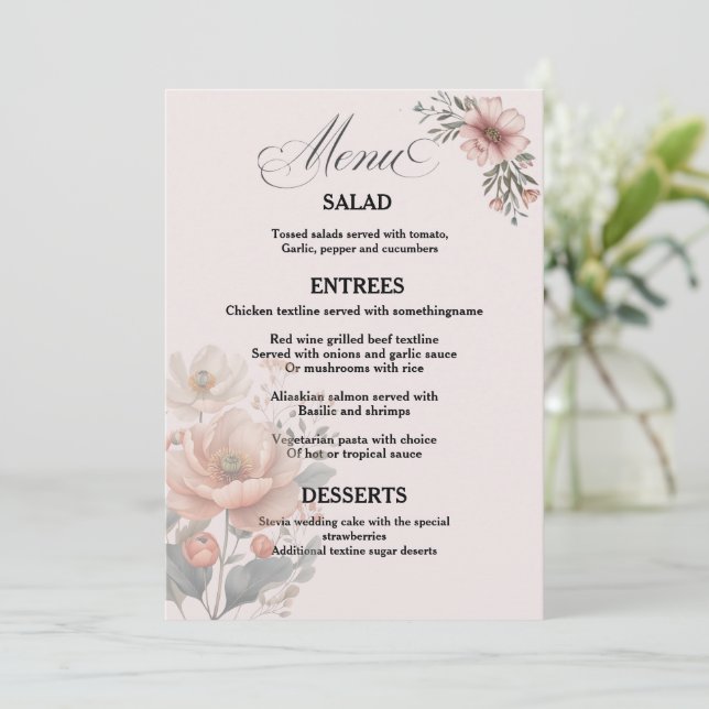 Elegante Tarjeta de Menú de Boda Floral Personaliz (Anverso de pie)