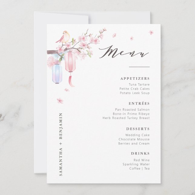 Elegante tarjeta de menú de Boda floral rosa (Anverso)