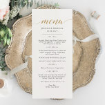Elegante tarjeta de menú de caligrafía de oro<br><div class="desc">Clásico de caligrafía dorada y elegante Boda, Menú Fiesta o Aniversario. Un diseño elegante en oro, negro y blanco o cualquier color de fondo que elija. Simplemente haga clic en el enlace personalizar adicional, que se muestra bajo el área de personalización de texto a la derecha, y elija el fondo...</div>