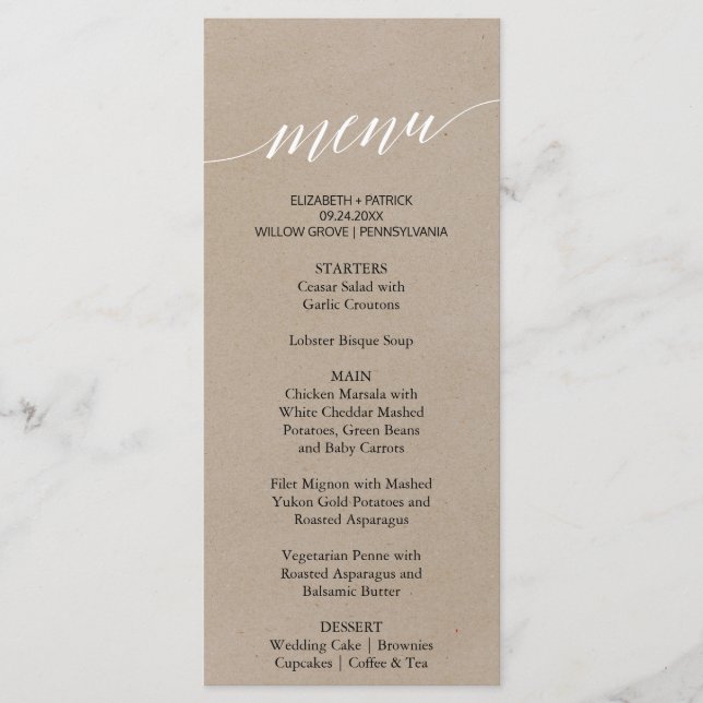Elegante tarjeta de menú de cena de la caligrafía  (Anverso)