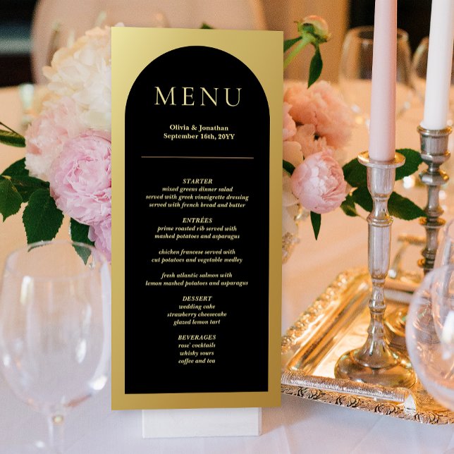 Elegante tarjeta de menú de la mesa de Bodas de or (Elegant Modern Black Gold Wedding Table Menu Card)