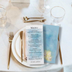 Elegante tarjeta de menú de palomas blancas azul y