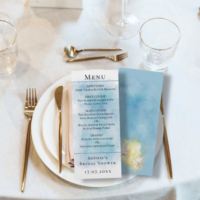 Elegante tarjeta de menú de palomas blancas azul y (Subido por el creador)