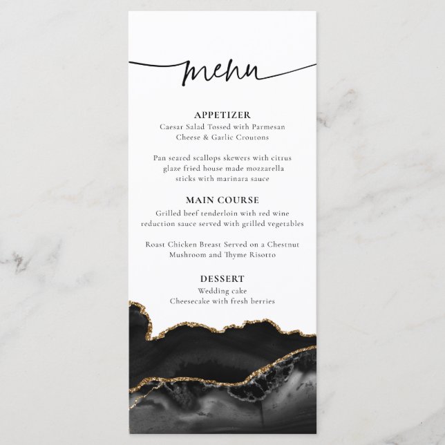 Elegante tarjeta de menú para Bodas de Agate Negro (Anverso)