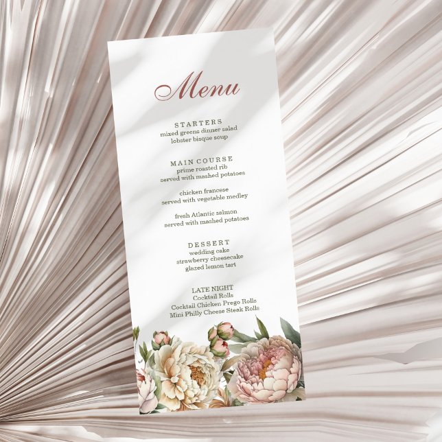 Elegante tarjeta de menú Rubor Watercolor Peonies (Elegant Blush Watercolor Peonies Menu Card on a sunny white dry palm leaf.)