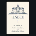 Elegante tarjeta de mesa Boda del castillo antiguo<br><div class="desc">Celebra tu día especial con estos elegantes números de mesa que presentan un diseño simple y regal de una antigua casa solariega francesa azul con un fondo crema. Un diseño atemporal y minimalista con encanto vintage. Personalice el texto, la fuente y los colores para que se ajusten a sus preferencias...</div>