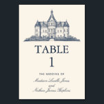 Elegante tarjeta de mesa Boda del castillo antiguo<br><div class="desc">Celebra tu día especial con estos elegantes números de mesa que presentan un diseño simple y regal de una antigua casa solariega francesa azul con un fondo crema. Un diseño atemporal y minimalista con encanto vintage. Personalice el texto, la fuente y los colores para que se ajusten a sus preferencias...</div>