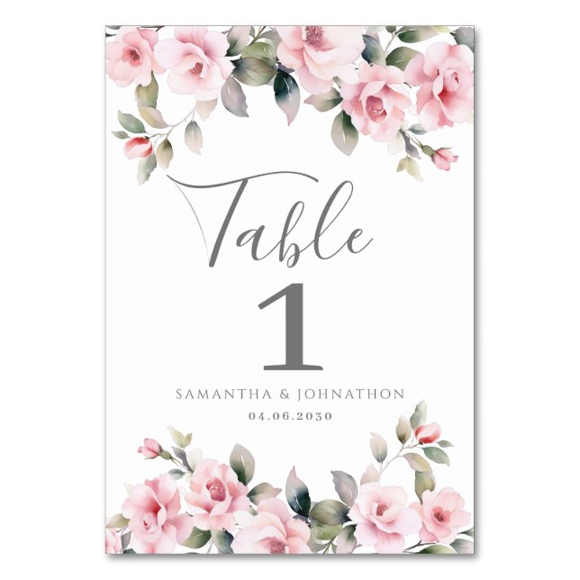 Elegante tarjeta de mesa Boda floral rosa (Anverso)