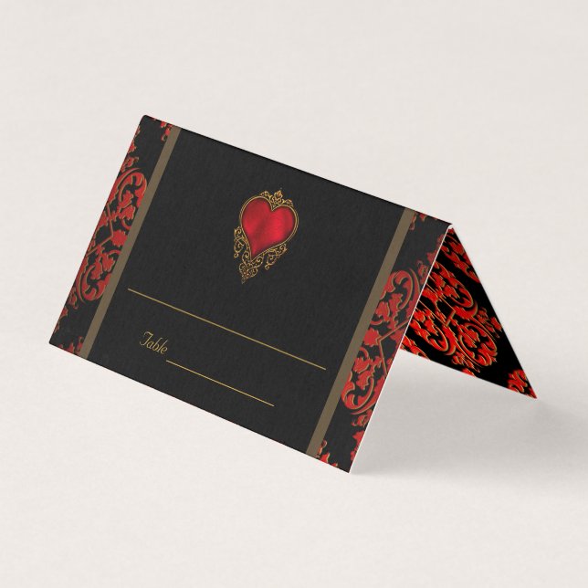 Elegante tarjeta de mesa de Boda de oro negro rojo (Anverso)