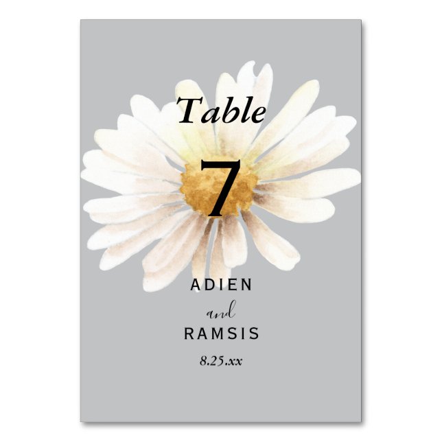 Elegante tarjeta de mesa de Boda gris de margarita (Anverso)