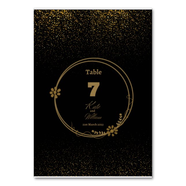Elegante tarjeta de mesa de oro y negro (Anverso)