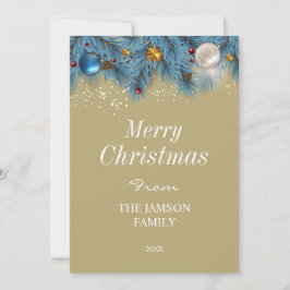 Elegante tarjeta de Navidad azul y dorada