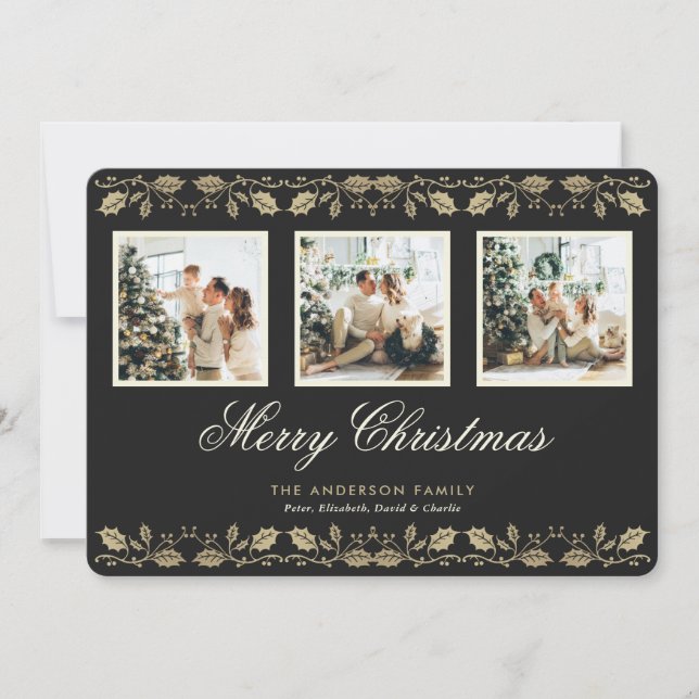 Elegante Tarjeta de Navidad Black 3 Photo Merry (Anverso)