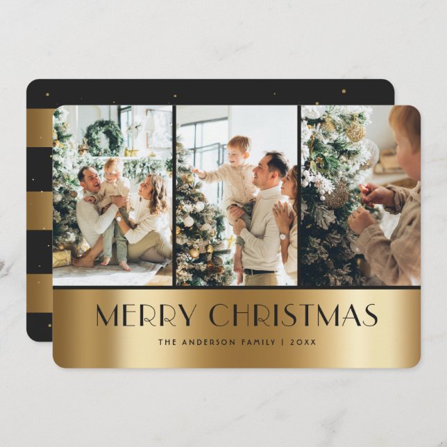 Elegante tarjeta de Navidad Black Gold 3 Photo Mer (Anverso / Reverso)