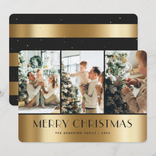 Elegante tarjeta de Navidad Black Gold 3 Photo Mer