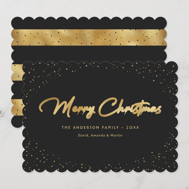 Elegante tarjeta de Navidad Black Gold Snow Merry (Anverso / Reverso)