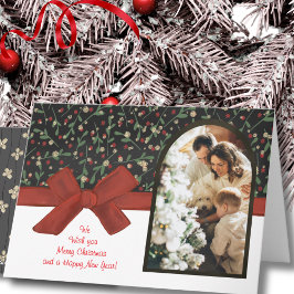Elegante Tarjeta de Navidad con Arco Floral y Lazo
