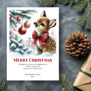 Elegante tarjeta de Navidad con ciervo bebé en bos