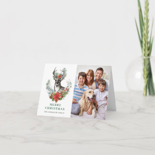 Elegante tarjeta de Navidad con ciervo y poinsetti