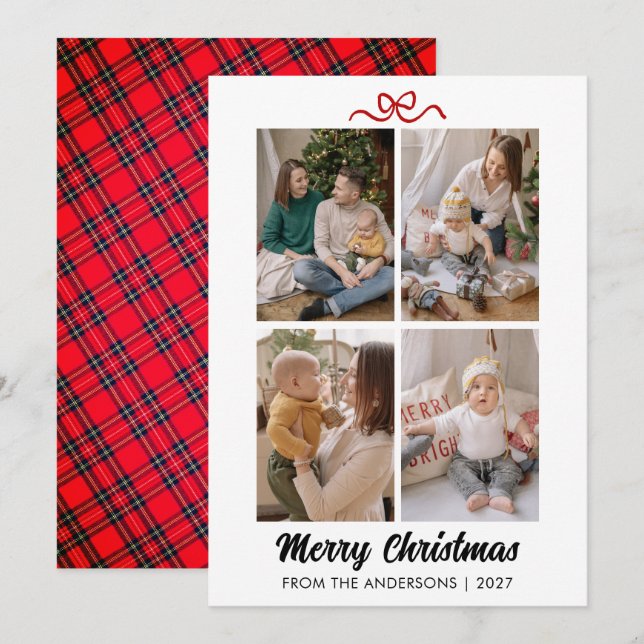 Elegante Tarjeta de Navidad con Guión Rojo 4 Foto  (Anverso / Reverso)