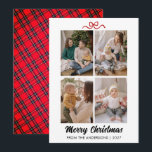 Elegante Tarjeta de Navidad con Guión Rojo para Co<br><div class="desc">Una sofisticada tarjeta de vacaciones con un hermoso guión de pincel rojo y una limpia cuadrícula de cuatro fotos. El equilibrio perfecto entre tipografía moderna y elementos festivos tradicionales para los saludos de su familia.</div>