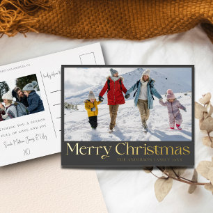 Elegante Tarjeta de Navidad con Hoja de Oro y Foto