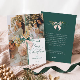 Elegante tarjeta de Navidad con lazo verde y rosa