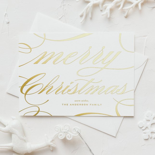 Elegante Tarjeta de Navidad con Letra Florescente (This elegant Merry Christmas postcard features a beautiful flourish script in gold foil.)