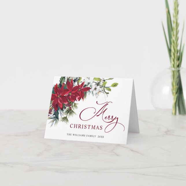 Elegante tarjeta de Navidad con poinsettia y muérd (Anverso)