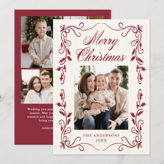 Elegante tarjeta de Navidad de acebo borgoña 5 fot