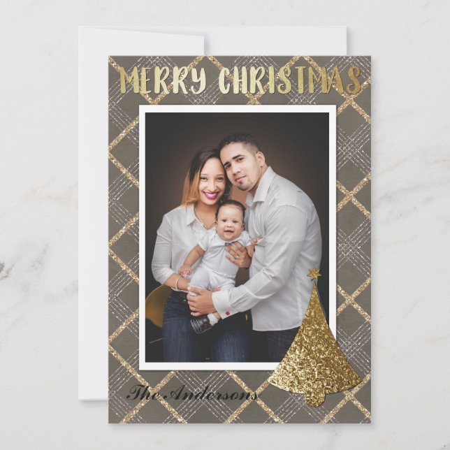 Elegante tarjeta de Navidad de Fotos de Oro Merry (Anverso)