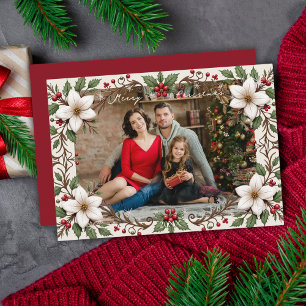Elegante Tarjeta de Navidad Floral con Foto Person