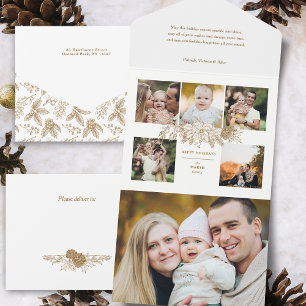 Elegante Tarjeta de Navidad Floral de Oro Grabado 