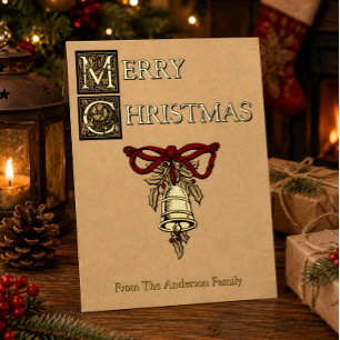 Elegante tarjeta de Navidad Kraft con campana, laz