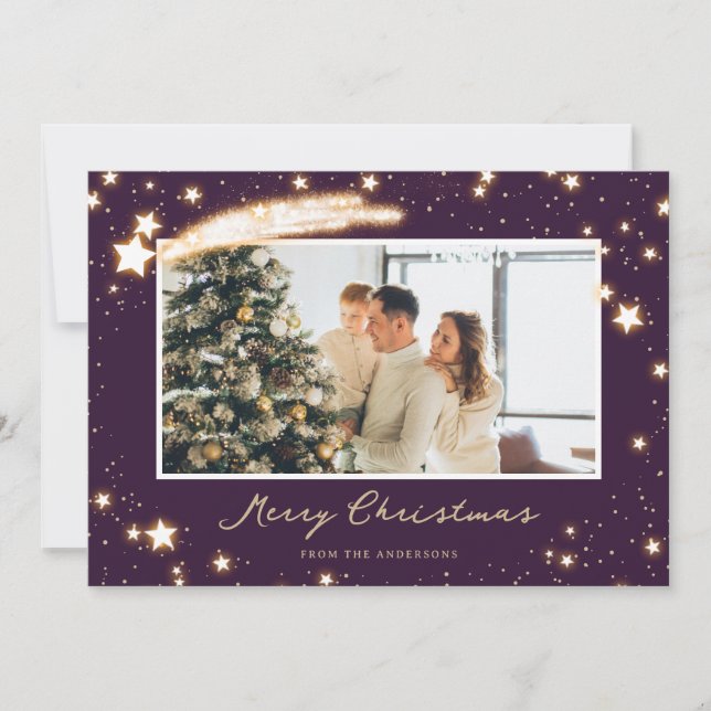 Elegante tarjeta de navidad moderna de foto morada (Anverso)