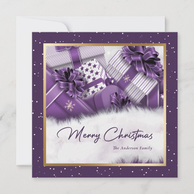Elegante Tarjeta de Navidad Purple Gold Merry (Anverso)