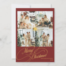Elegante Tarjeta de Navidad Roja y Dorada para Fot