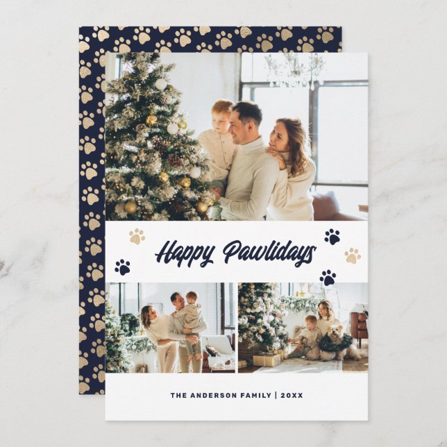 Elegante tarjeta de Navidades Blue Gold Happy Pawl (Anverso / Reverso)