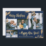 Elegante tarjeta de Navidades de Collage de fotos<br><div class="desc">Elegante, moderno, dorado y botánico de la Marina 4 Collages de fotos de la tarjeta navideña de navidad. Esta festividad, minimalista, fantástica plantilla de cuatro (4) fotos de tarjetas de vacaciones presenta un collage de fotos de bonito, hojas botánicas de Relieve metalizado de oro falsas, bayas de invierno y dice...</div>