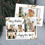 Elegante Tarjeta de Navidades de Collage de fotos<br><div class="desc">Elegante, moderno, dorado y hojas botánicas blancas 4 Collages de fotos de la tarjeta navideña navideña. Esta plantilla festiva, mimánica, caprichosa de cuatro (4) fotos de tarjetas de vacaciones presenta un collage de fotos de bonito, hojas botánicas de Relieve metalizado de oro falsas, bayas de invierno y dice Feliz Navidad...</div>