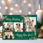 Elegante tarjeta de Navidades de Collage de fotos<br><div class="desc">Elegante, moderno oro y hojas botánicas verdes de 4 Collages de fotos de la tarjeta navideña navideña. Esta plantilla festiva, mimánica, caprichosa de cuatro (4) fotos de tarjetas de vacaciones presenta un collage de fotos de bonito, hojas botánicas de Relieve metalizado de oro falsas, bayas de invierno y dice Feliz...</div>