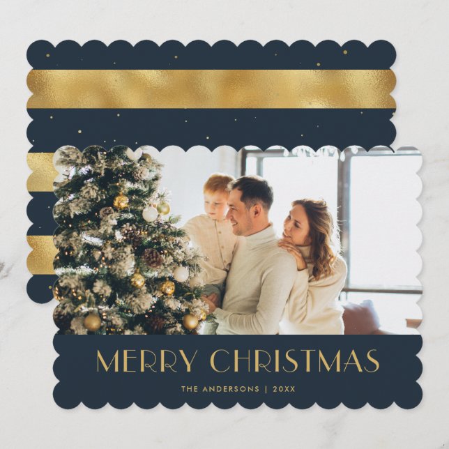 Elegante tarjeta de Navidades de fotografía azul y (Anverso / Reverso)