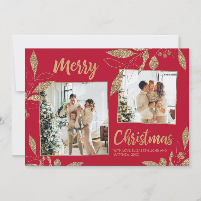 Elegante tarjeta de Navidades de fotos de hojas ro (Anverso)