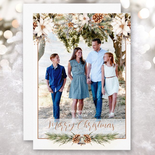 Elegante tarjeta de Navidades de fotos en blanco y (Elegant White and Cream Photo Christmas Card)