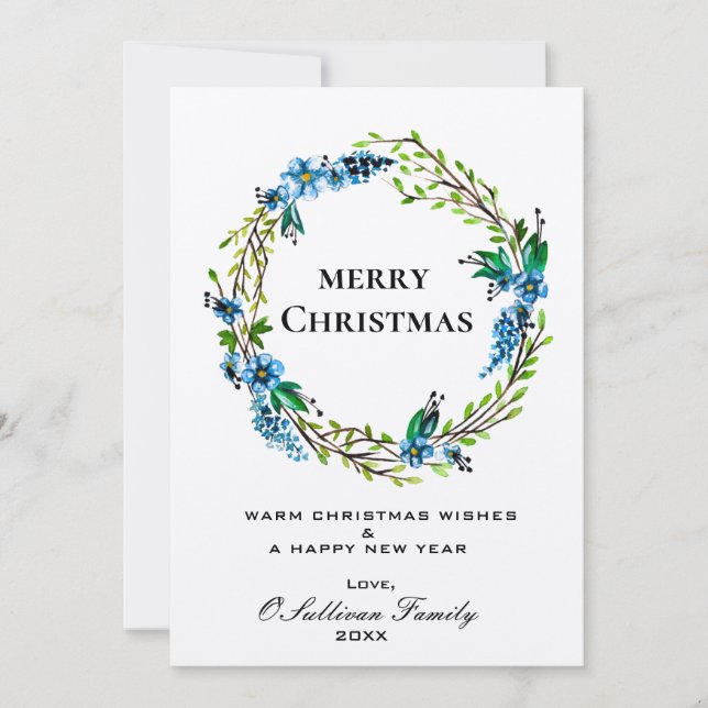 Elegante tarjeta de Navidades de guirnaldas azules (Anverso)
