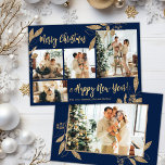 Elegante tarjeta de Navidades de la Marina de Oro<br><div class="desc">Elegante, moderno, dorado y botánico de la Marina 4 Collages de fotos de la tarjeta navideña de navidad. Esta plantilla festiva, mimánica, caprichosa de cuatro (4) fotos de tarjetas de vacaciones presenta un collage de fotos de bonito, hojas botánicas de Relieve metalizado de oro falsas, bayas de invierno y dice...</div>