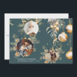 Elegante tarjeta de Navidades de ornamentos de oro<br><div class="desc">Elegante diseño de tarjetas de vacaciones para Navidades con 3 fotos en forma de adornos,  en un fondo verde abeto profundo.</div>